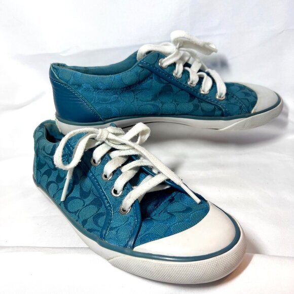 Coach Leatherware-Women's Barrett ll Sneakers-Canvas Leather Aqua Mix -Sz.6 1/2 - Picture 1 of 16